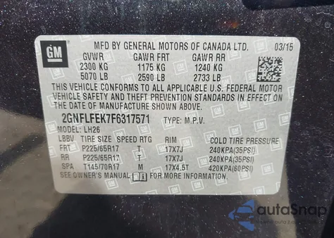 2015 Chevrolet Equinox 1Lt из США, поврежденный, VIN 2GNFLFEK7F6317571